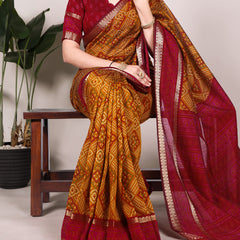 Mustard Color Bandhej Print With Zari Weaving Work Viscose Chanderi Saree
