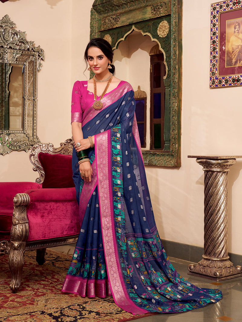 Navy Blue Color Kalamkari Print With Zari Weaving Work Poly Cotton Saree