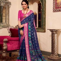 Navy Blue Color Kalamkari Print With Zari Weaving Work Poly Cotton Saree