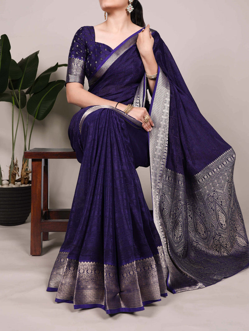 Navy Blue Color Self Printed With Zari Weaving Work Chinon Saree