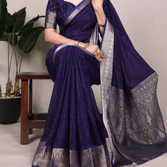 Navy Blue Color Self Printed With Zari Weaving Work Chinon Saree