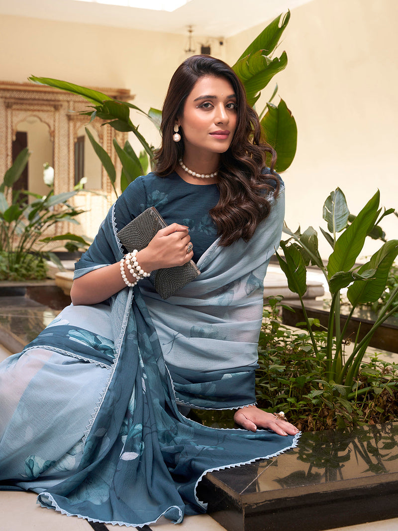 Bottle Green Color Floral Printed With Weightless Marbal saree