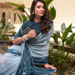 Bottle Green Color Floral Printed With Weightless Marbal saree