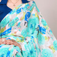 Firozi Color Floral Printed Dull Satin Silk Saree