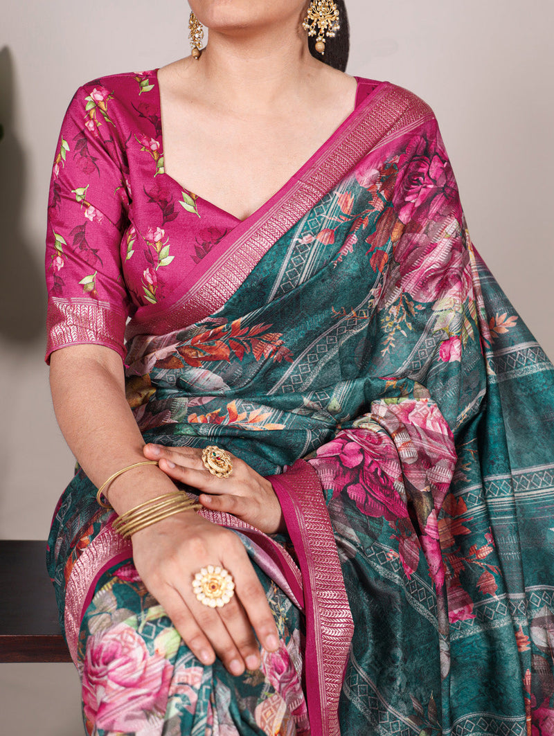 Green Color Printed Tussar Silk With Viscose Border Saree