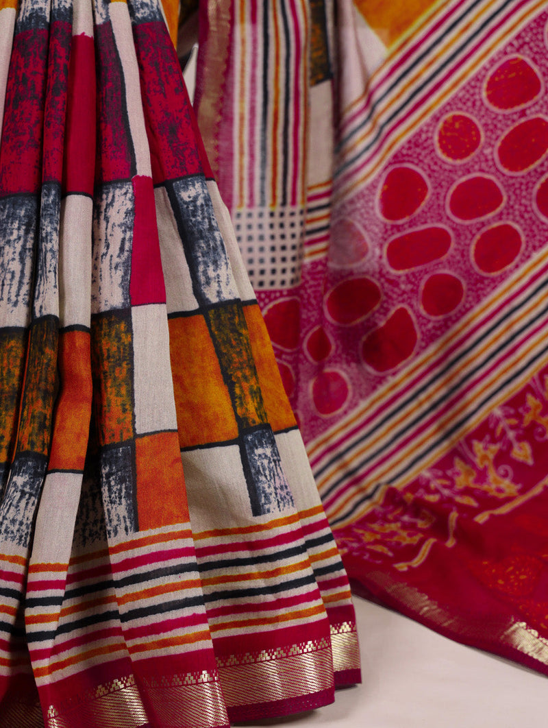 Maroon Color Printed With Temple Border Polyester Viscose Chanderi Saree