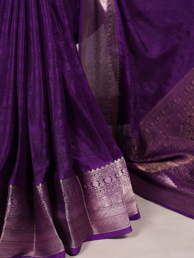 Purple Color Self Printed With Zari Weaving Work Chinon Saree