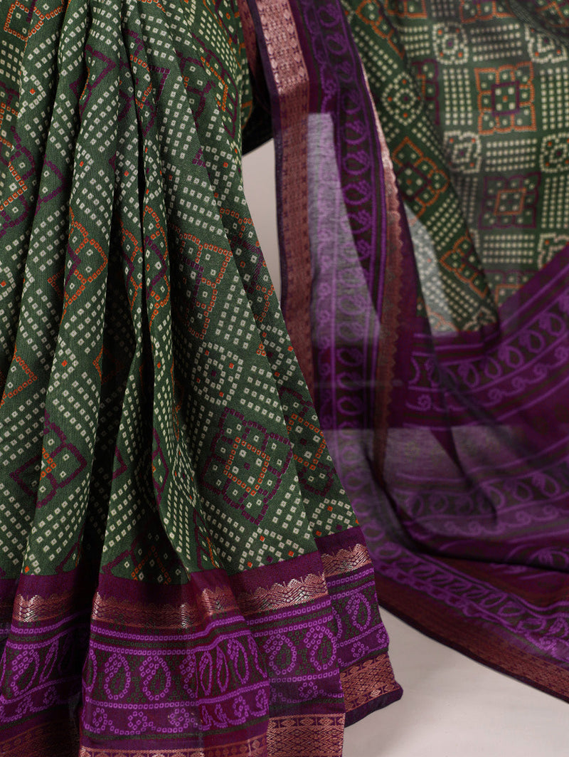 Mehandi Color Bandhej Print With Zari Weaving Work Viscose Chanderi Saree