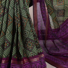 Mehandi Color Bandhej Print With Zari Weaving Work Viscose Chanderi Saree
