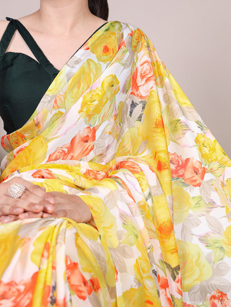 Yellow Color Floral Printed Dull Satin Silk Saree