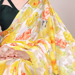 Yellow Color Floral Printed Dull Satin Silk Saree