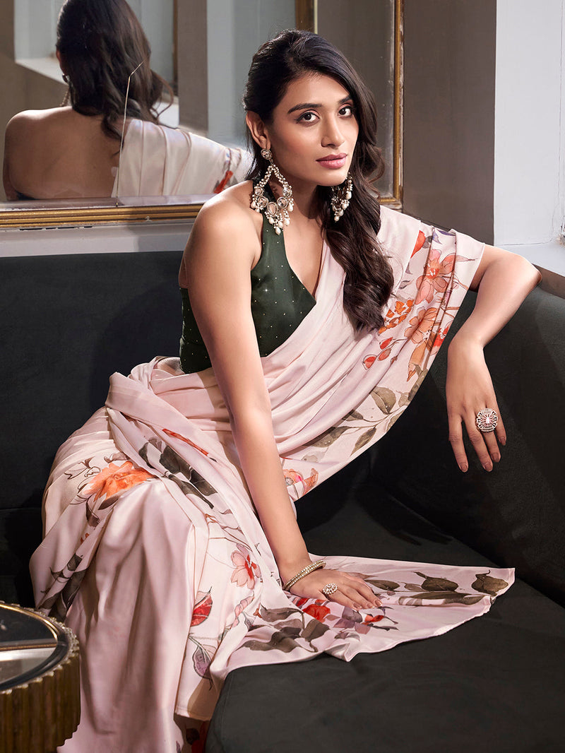 Off White Color Printed Satin Silk saree