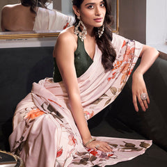 Off White Color Printed Satin Silk saree