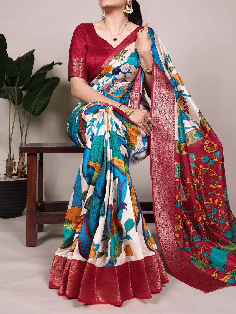 Off White Color Printed With Zari Weaving Work Tussar Silk Saree