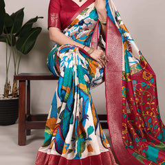 Off White Color Printed With Zari Weaving Work Tussar Silk Saree