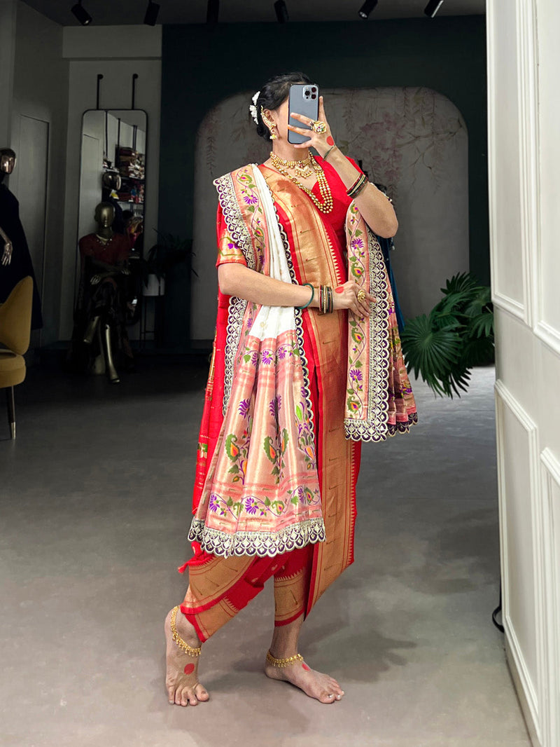 Red Color Zari Weaving Work With Jacquard Silk (Paithani) Maharashtrian Bride Saree