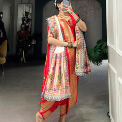 Red Color Zari Weaving Work With Jacquard Silk (Paithani) Maharashtrian Bride Saree