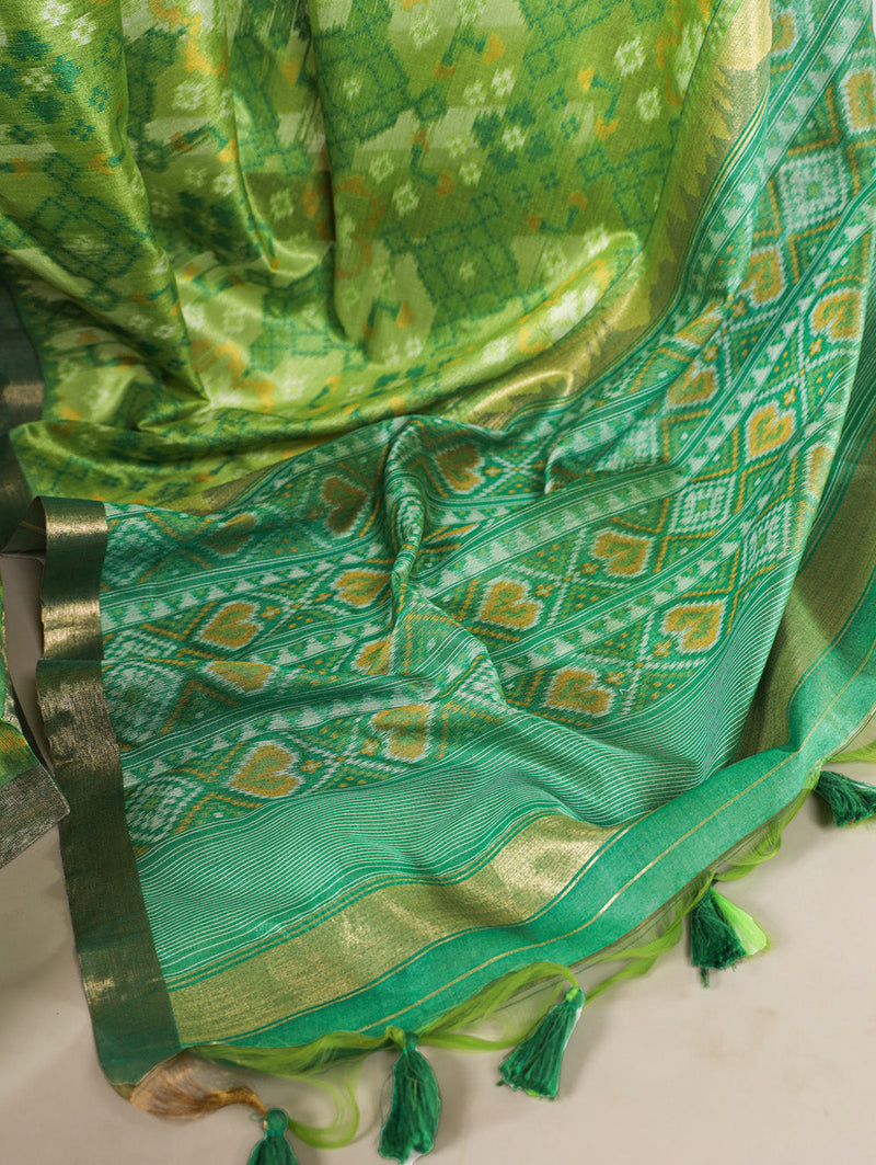 Pista Color Patola Print With Zari Weaving Work Jacquard Silk Saree