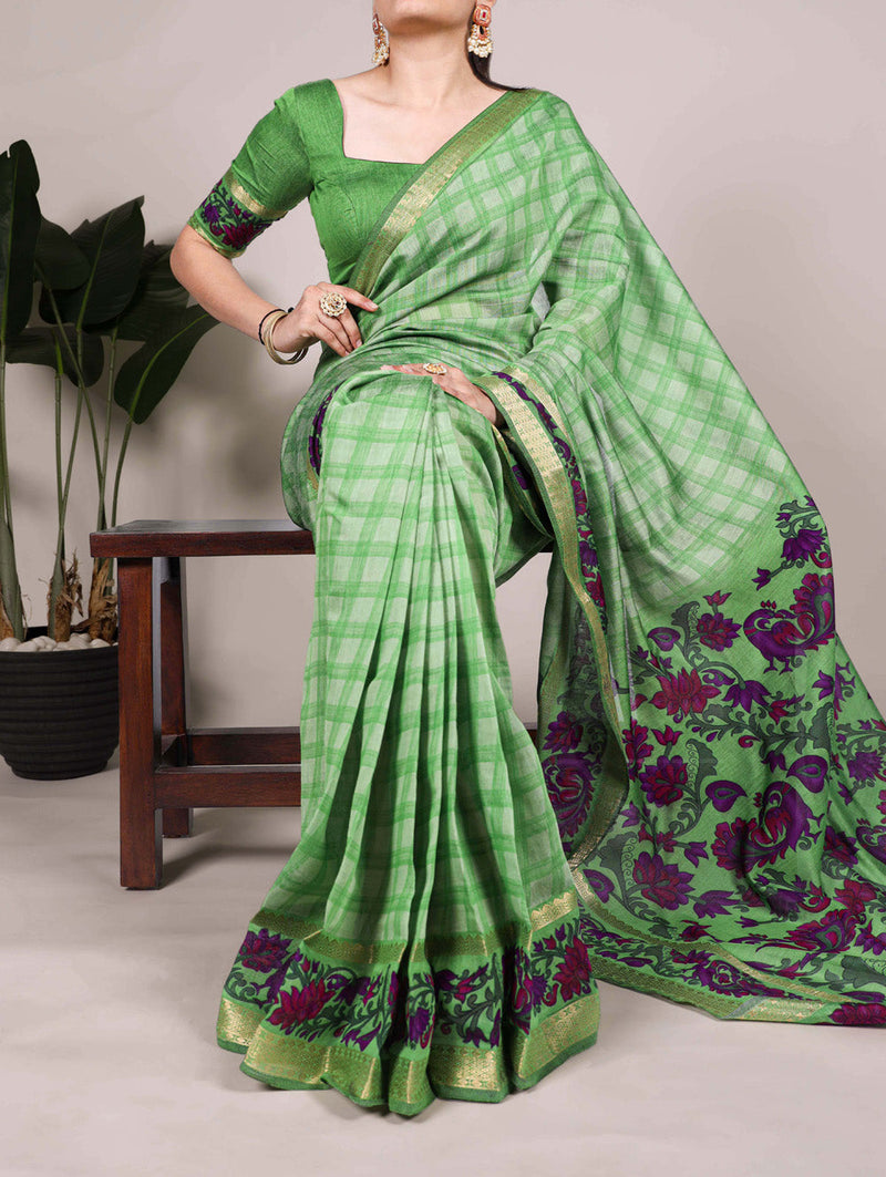 Parrot Color Printed With Zari Weaving Work Polyester Viscose Chanderi Saree