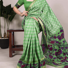 Parrot Color Printed With Zari Weaving Work Polyester Viscose Chanderi Saree
