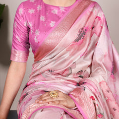 Pink Color Printed Tussar Silk With Viscose Border Saree