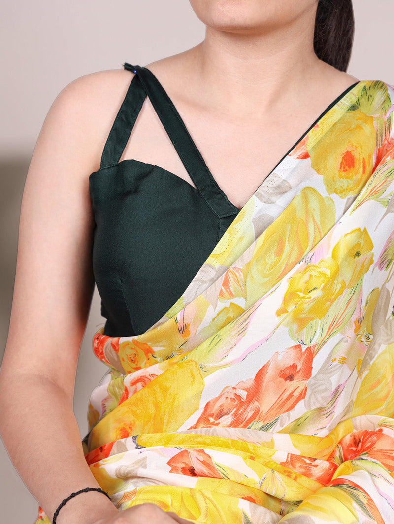 Yellow Color Floral Printed Dull Satin Silk Saree