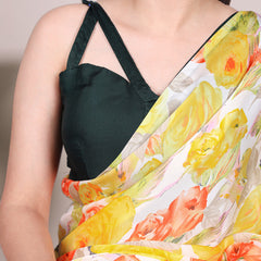 Yellow Color Floral Printed Dull Satin Silk Saree