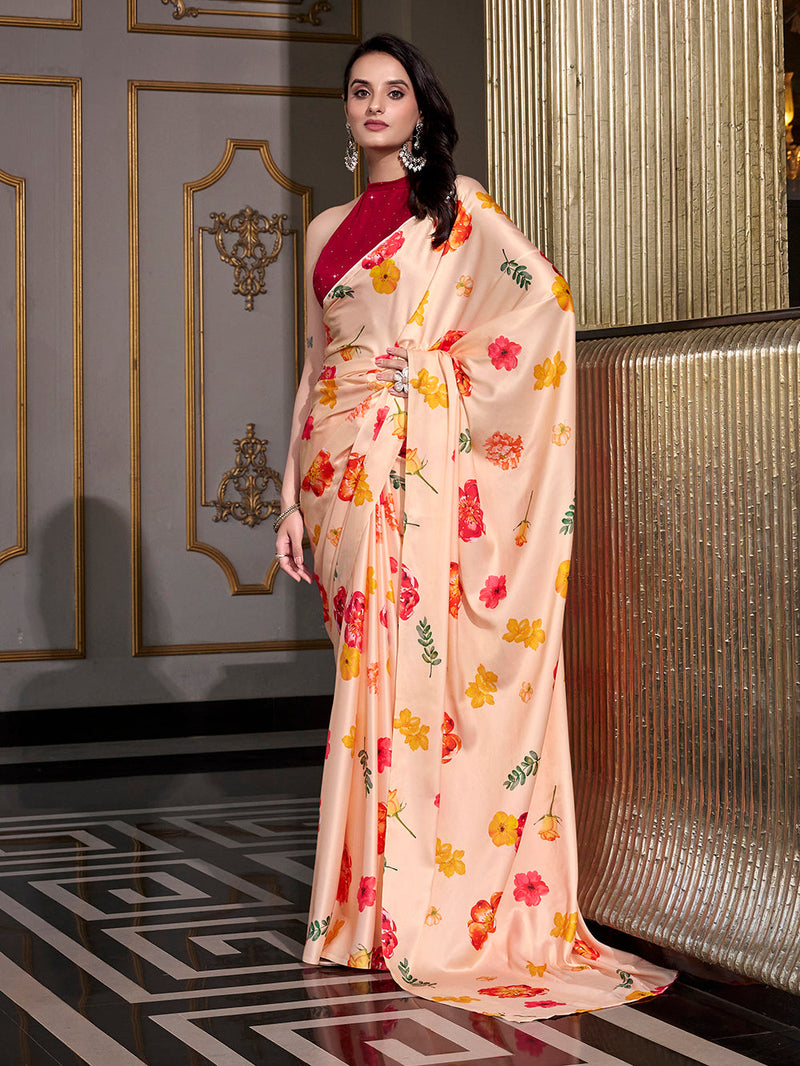 Cream Color Printed Satin Silk saree