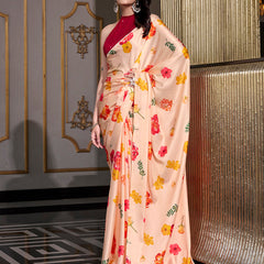 Cream Color Printed Satin Silk saree