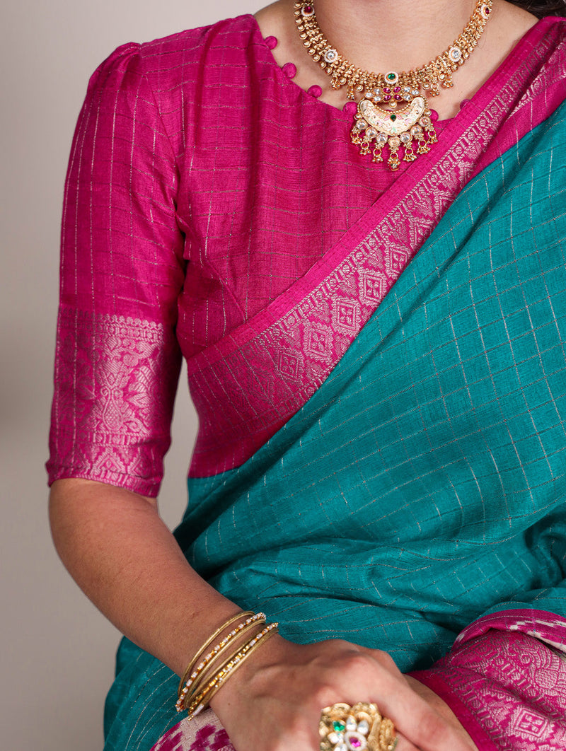 Firozi Color Patola Print With Weaving Work Tussar Chex Saree