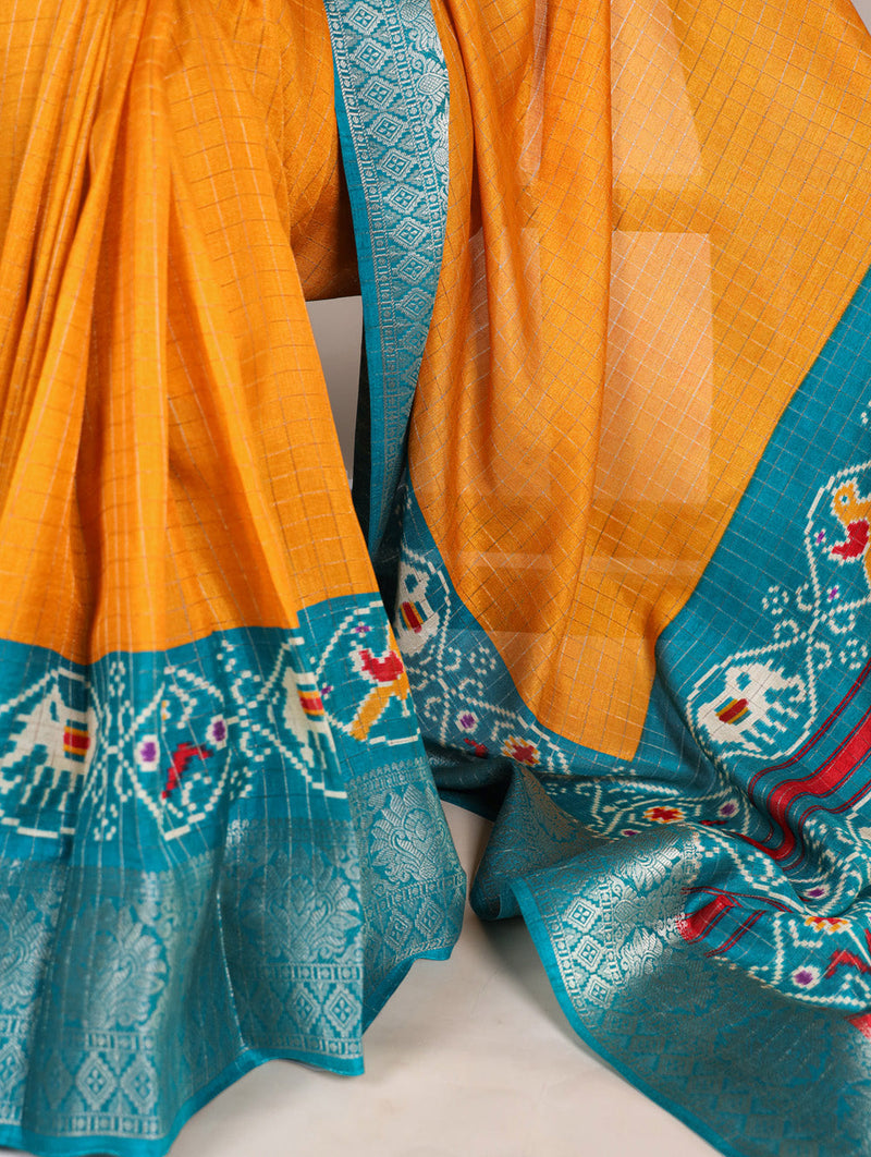 Mustard Color Patola Print With Weaving Work Tussar Chex Saree