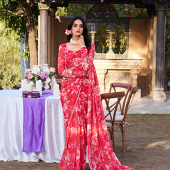 Red Color Printed With Peral Lace Border Weightless Marbal