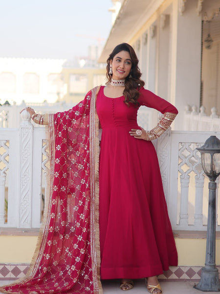 PINK COLOUR READYMADE ALIA CUT GOWN WITH DUPATTA SET-KKA-1070