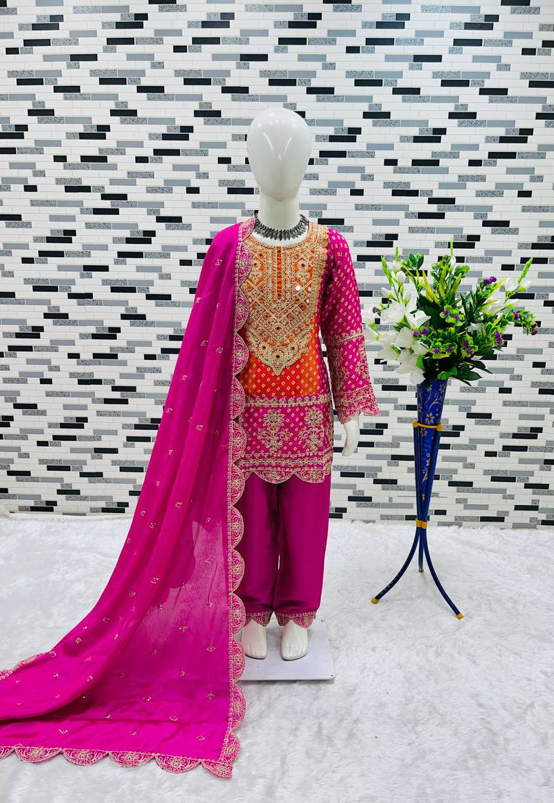 Pure Chinnon With Heavy Embroideryy Coding Dori-Sequence Work Top-Bottomm And Dupattaa Set Fully Stitched OC-186