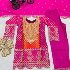 Pure Chinnon With Heavy Embroideryy Coding Dori-Sequence Work Top-Bottomm And Dupattaa Set Fully Stitched OC-186