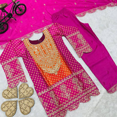 Pure Chinnon With Heavy Embroideryy Coding Dori-Sequence Work Top-Bottomm And Dupattaa Set Fully Stitched OC-186