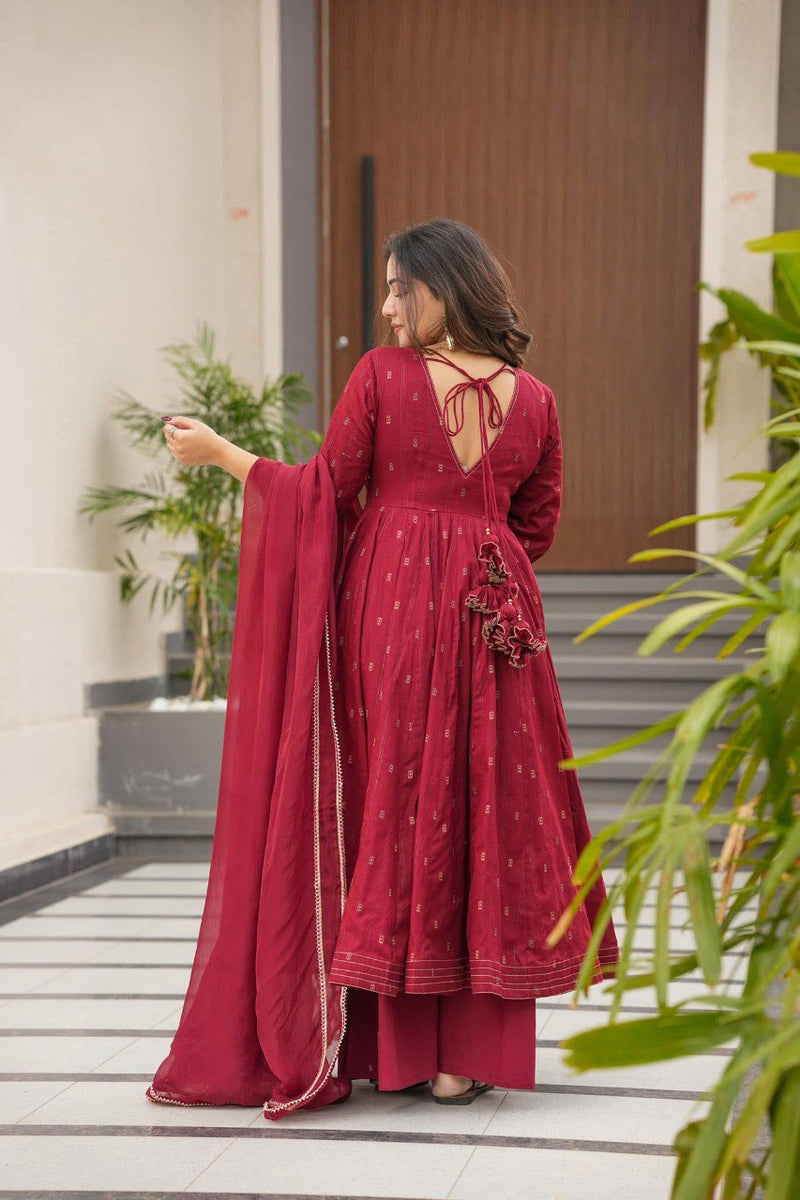 Hirva Maroon Colour Cotton Anarkali Suit Set