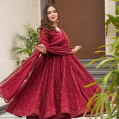 Hirva Maroon Colour Cotton Anarkali Suit Set