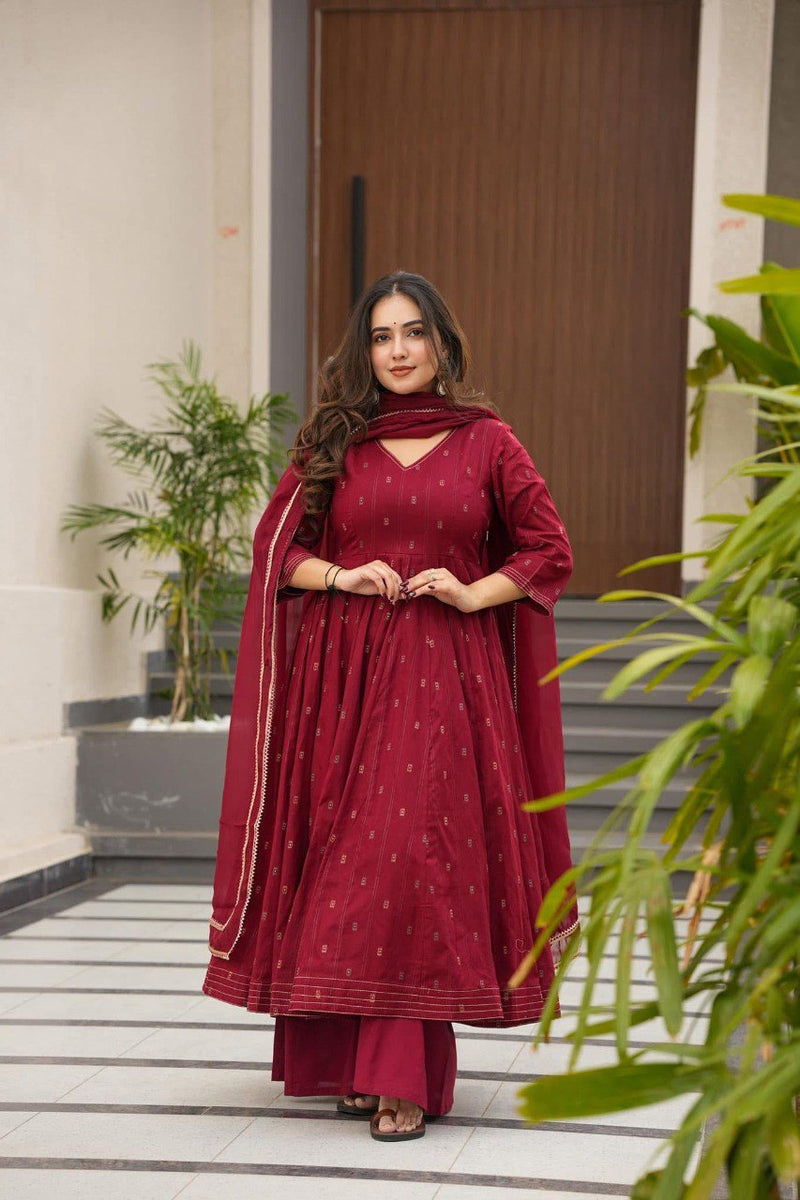 Hirva Maroon Colour Cotton Anarkali Suit Set