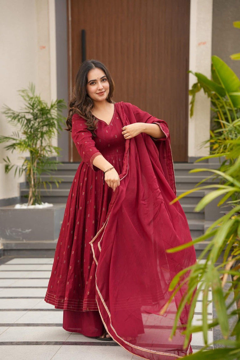 Hirva Maroon Colour Cotton Anarkali Suit Set