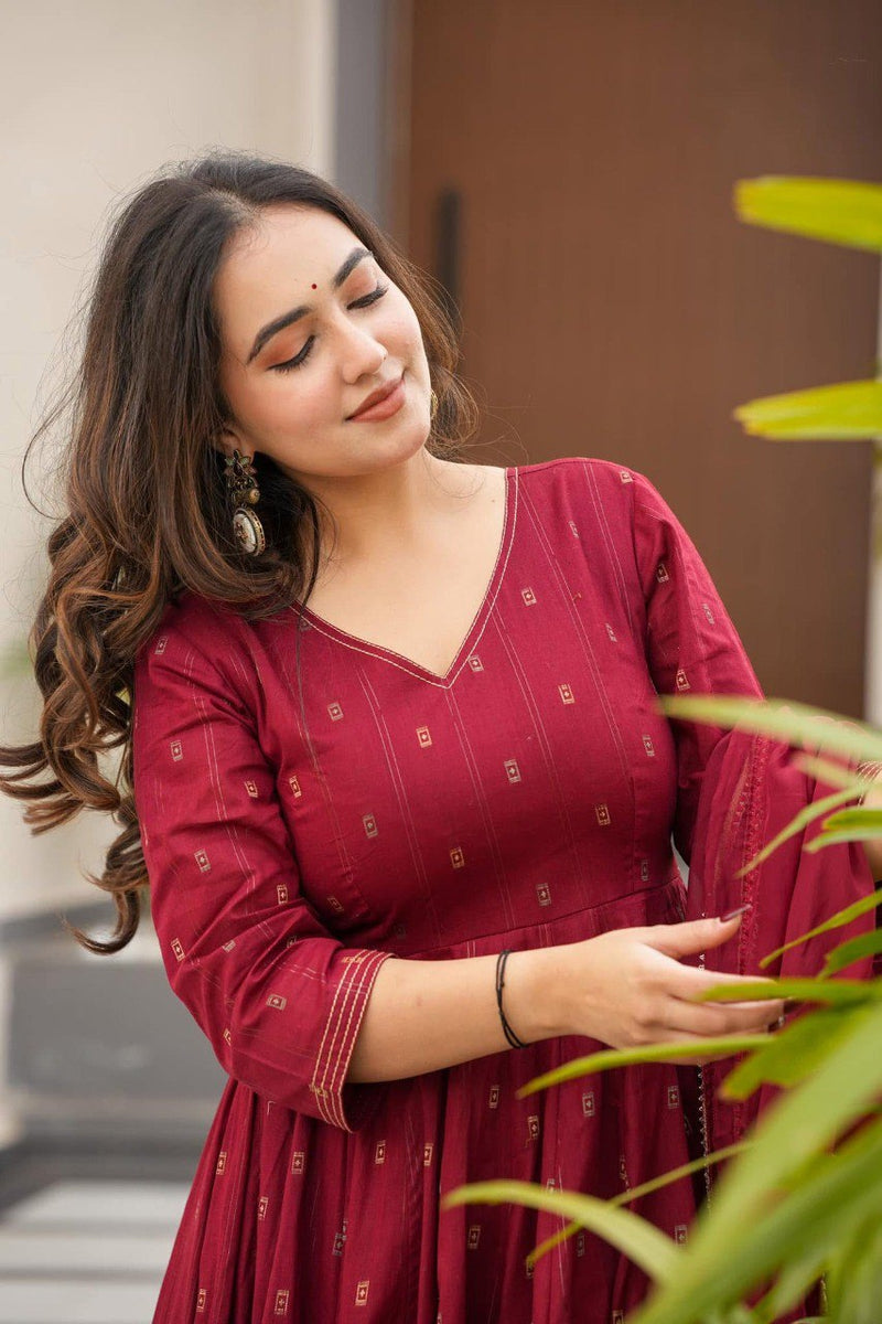 Hirva Maroon Colour Cotton Anarkali Suit Set