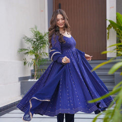Hirva Blue Colour Cotton Anarkali Suit Set