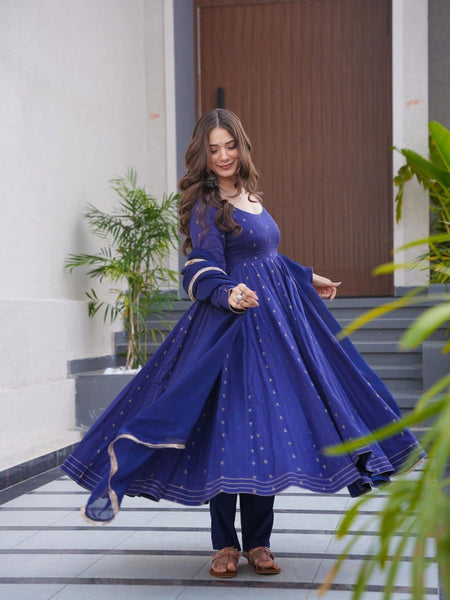 Hirva Blue Colour Cotton Anarkali Suit Set
