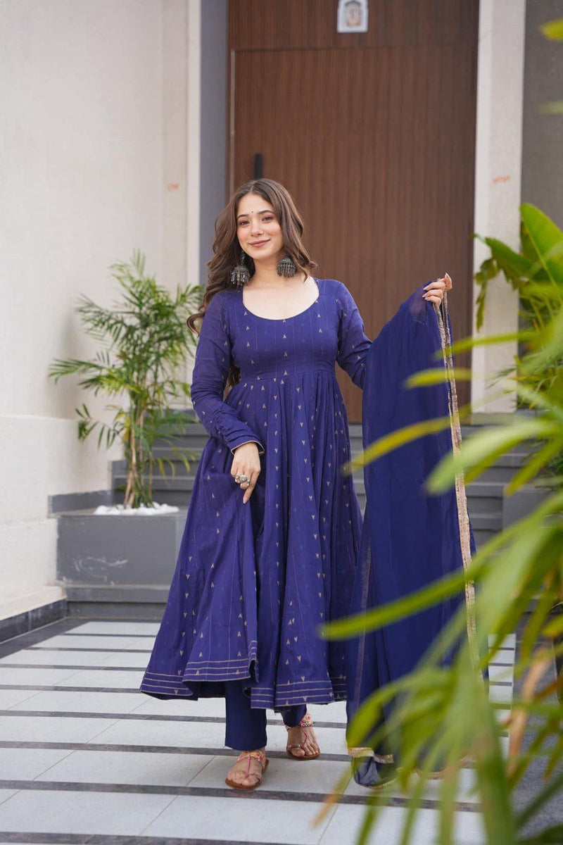 Hirva Blue Colour Cotton Anarkali Suit Set