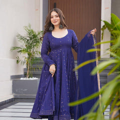 Hirva Blue Colour Cotton Anarkali Suit Set