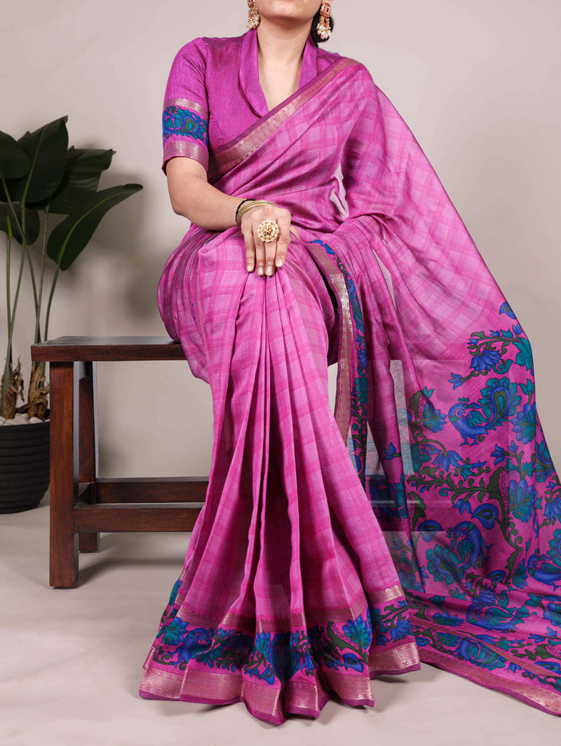 Pink Color Printed With Zari Weaving Work Polyester Viscose Chanderi Saree