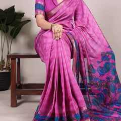 Pink Color Printed With Zari Weaving Work Polyester Viscose Chanderi Saree