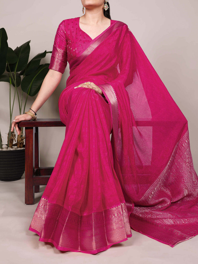 Pink Color Self Printed With Zari Weaving Work Chinon Saree