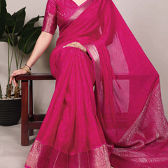 Pink Color Self Printed With Zari Weaving Work Chinon Saree