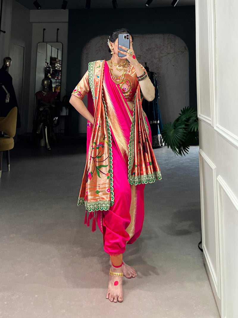 Pink Color Zari Weaving Work With Jacquard Silk (Paithani) Maharashtrian Bride Saree